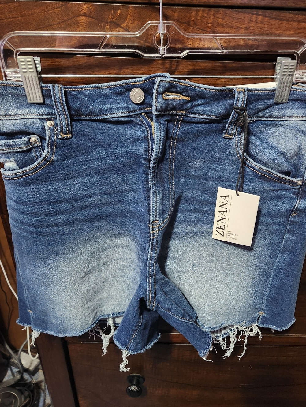 Zenana Outfitters Distressed Blue Denim Shorts with Frayed Hem